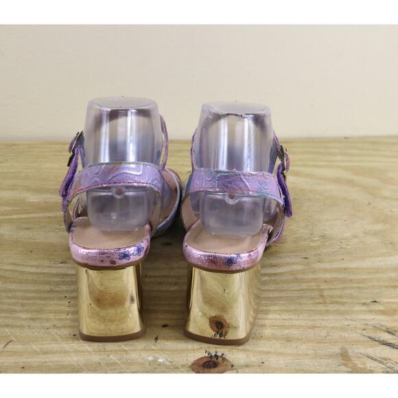 New L' Artiste Sandals 40 Leather Difi Floral Embellishment Gold Block Heel - Picture 4 of 12